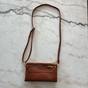 CARAMEL FAUX LEATHER CROSSBODY PURSE 3 COMPARTMENTS ZIPPER OUTSIDE POCKET